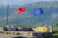 Flags of Albania and Gjirokaster Castle
